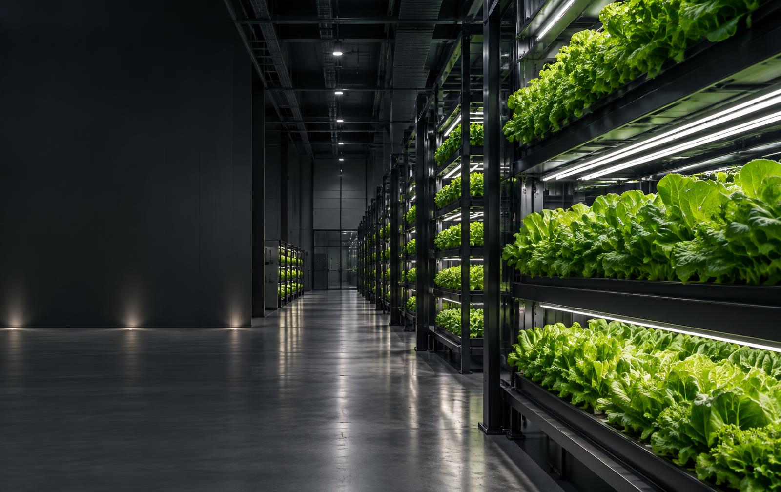 Commercial vertical farm lit by linear LED grow lights