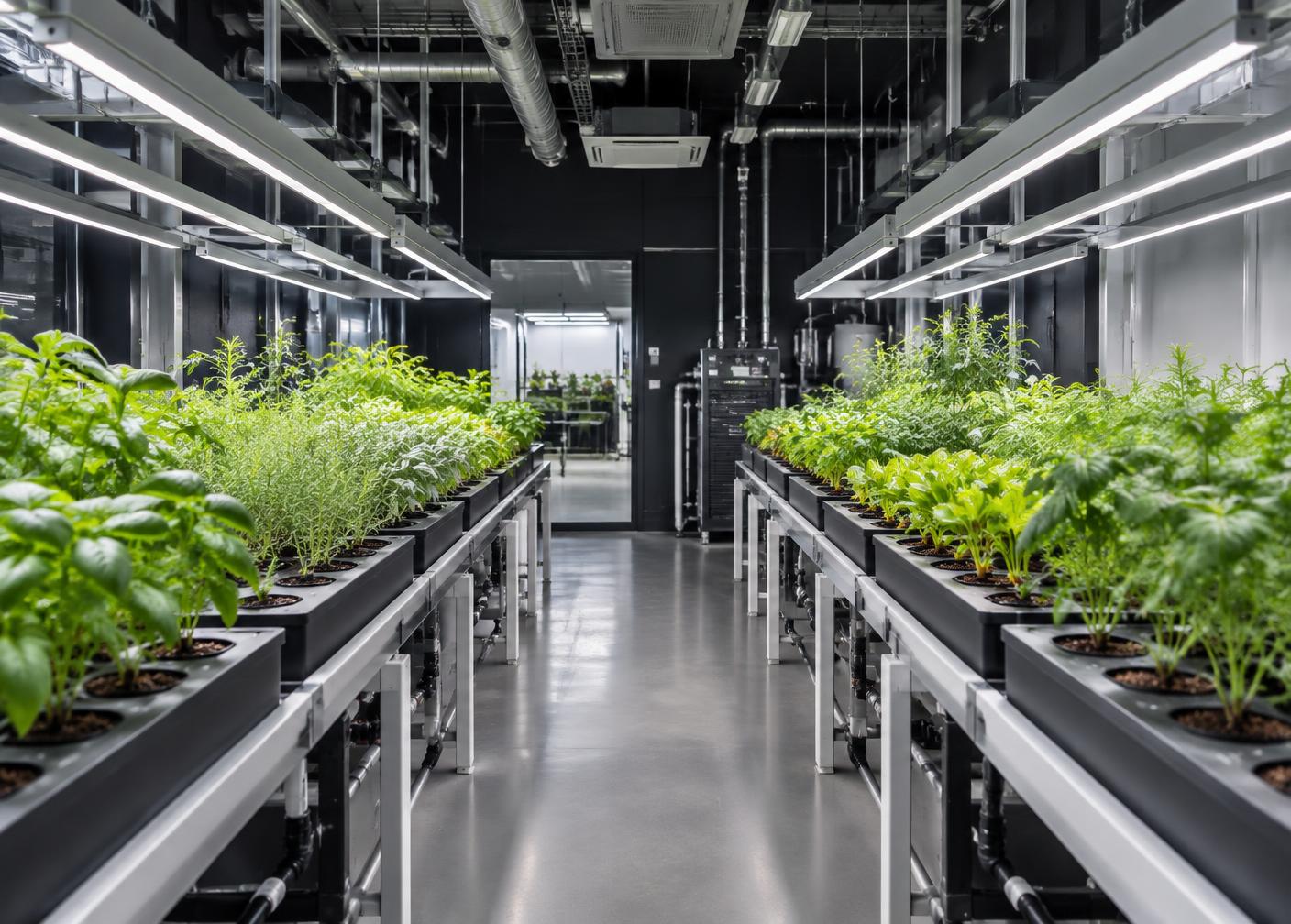 Controlled Environment Agriculture Lighting illuminating crops in an indoor growing facility